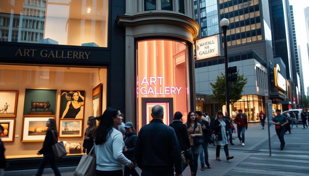 A bustling city street, with an art gallery facade prominently displayed. In the foreground, people strolling, admiring the artwork in the gallery windows. The mid-ground showcases the gallery's exterior, with a modern, minimalist design and a neon sign illuminating the entrance. In the background, skyscrapers and shops, hinting at the vibrant economic activity in the area. Soft, warm lighting casts a welcoming glow, conveying the gallery's role as a hub for cultural engagement and its impact on the local economy. The scene is captured with a wide-angle lens, emphasizing the integration of the art space within the urban landscape.