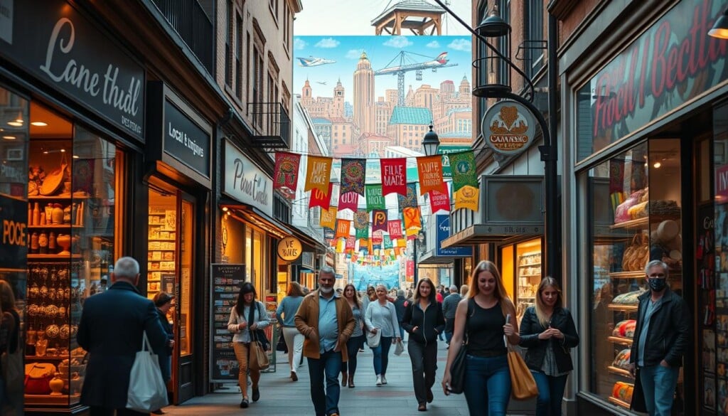A bustling city street with local businesses lining the sidewalks, their storefront windows showcasing an array of unique products. In the foreground, a group of shoppers stroll by, bags in hand, eagerly exploring the diverse offerings. Soft, warm lighting illuminates the scene, creating a cozy and inviting atmosphere. The middle ground features vibrant, hand-painted signs and colorful banners advertising the local shops, their owners proudly displaying their wares. In the background, a mural depicting the city's heritage and community spirit serves as a backdrop, emphasizing the importance of supporting local enterprises. The overall composition conveys a sense of community, diversity, and the celebration of small-scale entrepreneurship.