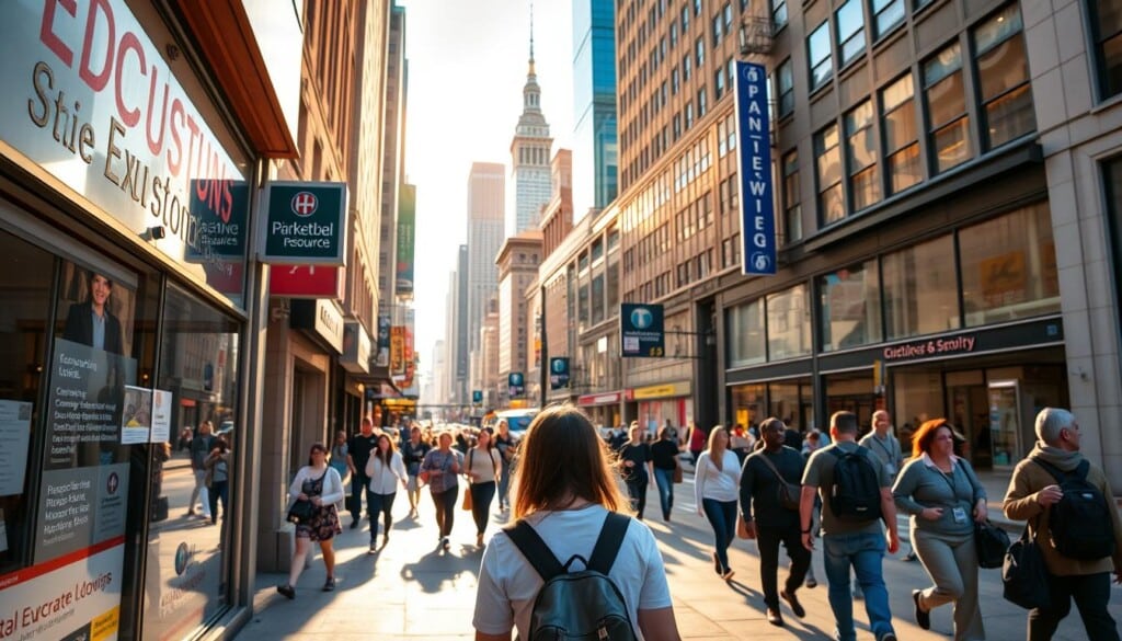 A bustling city street, with people hurrying to and fro, the sun casting warm, golden light over the scene. In the foreground, a person standing before a storefront, their gaze focused on a window display showcasing educational services and resources. Surrounding them, various businesses and signage, creating a sense of vibrancy and opportunity. In the middle ground, a mix of pedestrians, vehicles, and architecture, all contributing to the dynamic urban environment. In the background, the silhouettes of towering skyscrapers, hinting at the larger context of this thriving metropolitan area. The overall atmosphere is one of energy, discovery, and the pursuit of knowledge.