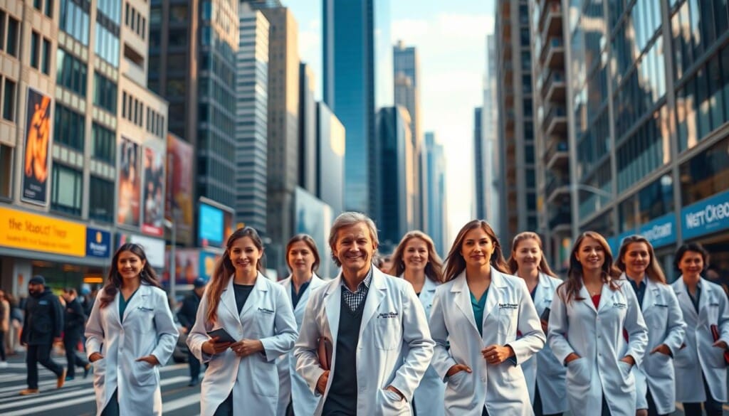 A bustling city street, with towering buildings and a vibrant cityscape in the background. In the foreground, a group of professional dermatologists in white coats, confidently striding towards the viewer, their faces illuminated by warm, natural lighting. Their expressions exude expertise and approachability, inviting the viewer to imagine consulting them about their skin concerns. The scene conveys a sense of ease and accessibility, reflecting the section title "The Search for Dermatologists Made Easy."