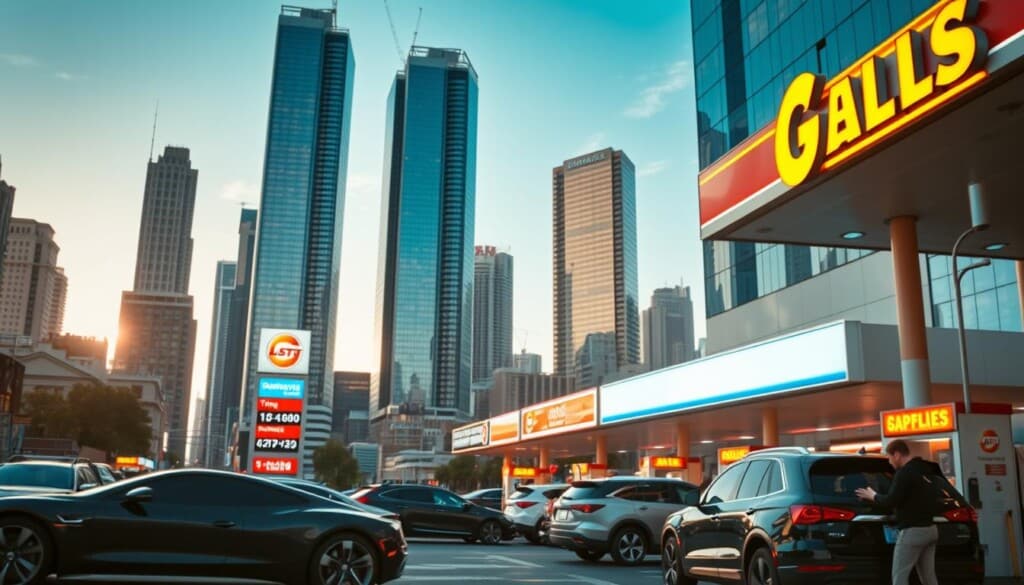 A bustling city street with towering skyscrapers in the background, their glass facades reflecting the golden hues of the setting sun. In the foreground, a series of brightly lit gas station signs stand out, their vibrant colors and bold typography drawing the eye. A group of vehicles, from sleek sports cars to rugged SUVs, are parked at the pumps, their drivers refueling or checking their phones for the nearest gas station options. The scene is bathed in a warm, inviting glow, creating a sense of exploration and discovery as the viewer seeks out the best place to fill up their tank.