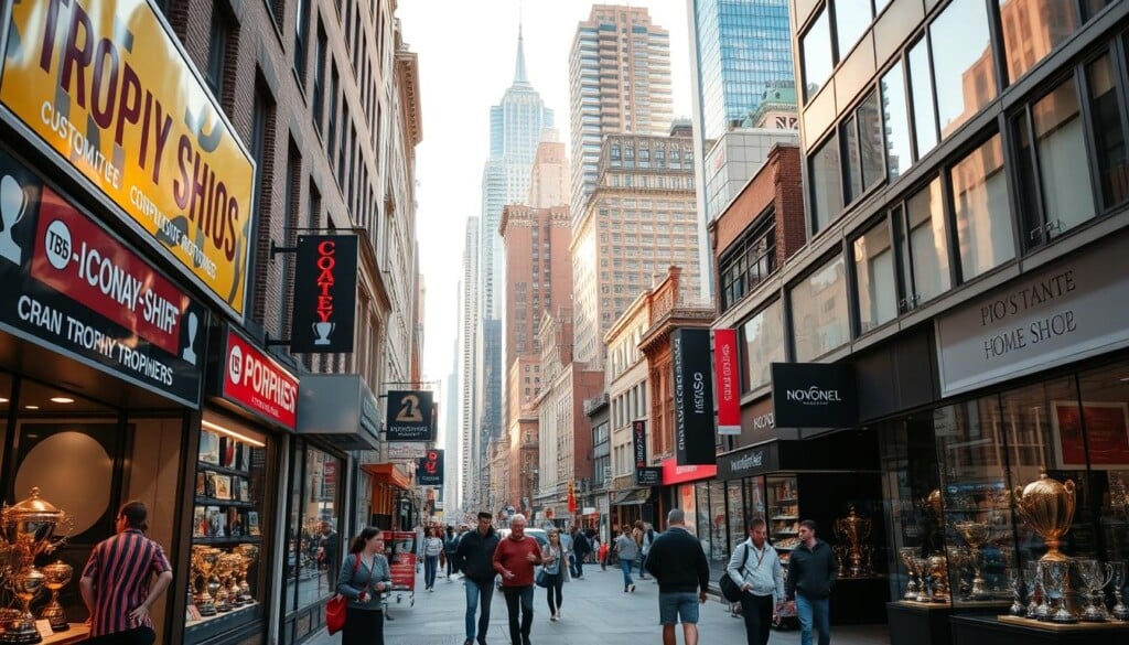 A bustling city street, with various trophy shops lining the sidewalks. The storefronts are adorned with gleaming trophies, medals, and plaques in the display windows, catching the eye of passersby. The afternoon sun casts a warm glow, illuminating the shops' vibrant signage and the reflection of the trophies in the glass. In the middle ground, customers can be seen browsing the selection, discussing customization options with the shopkeepers. In the background, a mix of architectural styles, from historic buildings to modern skyscrapers, creates a dynamic urban landscape. The overall atmosphere conveys a sense of celebration, achievement, and the pride associated with earning prestigious awards.