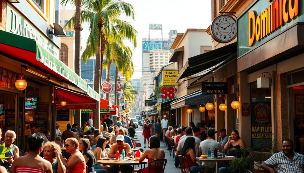 A bustling city street with vibrant Dominican restaurants lining the sidewalk, their colorful awnings and signage beckoning passersby. In the foreground, a group of people enjoying a lively outdoor dining experience, surrounded by the aroma of sizzling plantains and slow-cooked stews. The middle ground features a mix of casual eateries and more formal establishments, each showcasing the distinct flavors and hospitality of Dominican cuisine. In the background, a vibrant mural or street art adds to the lively, authentic atmosphere. The lighting is a warm, golden hue, creating a inviting, welcoming ambiance. Captured with a wide-angle lens to convey the energetic, immersive scene.