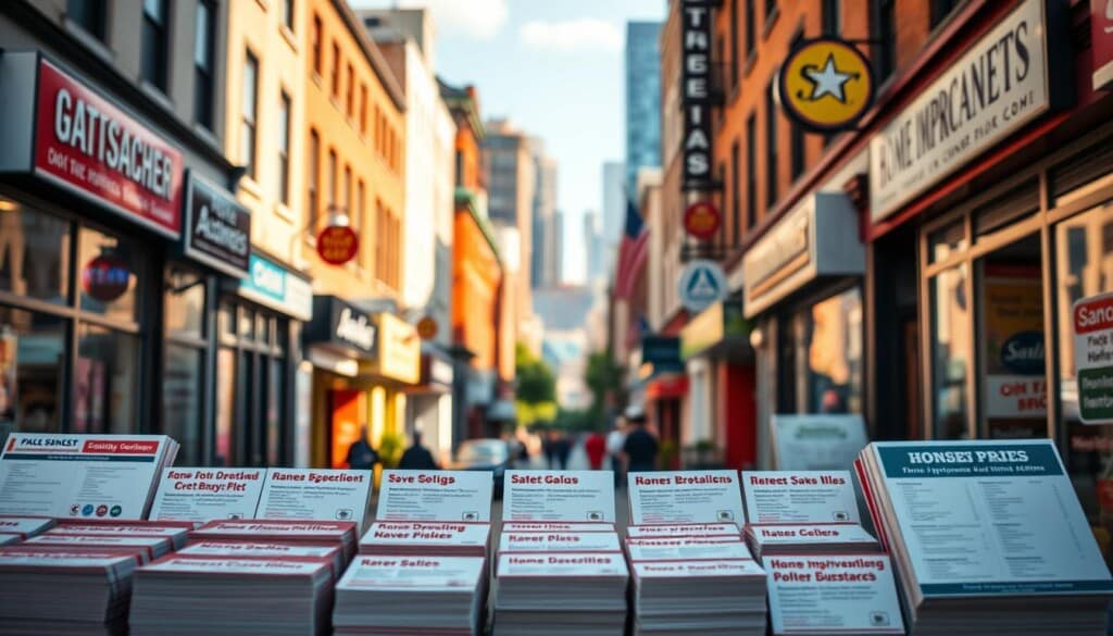 A bustling city street with vibrant storefronts, each displaying their unique business listings in a well-organized manner. The scene is bathed in warm, natural lighting, creating a welcoming and inviting atmosphere. In the foreground, a series of neatly arranged business cards or digital signage showcases the diverse range of local services, from home improvement contractors to specialty shops. The middle ground features the storefronts themselves, each with distinctive architectural styles and signage that reflects the character of the neighborhood. In the background, a blurred cityscape sets the scene, with a hint of distant skyscrapers or landmarks to provide context. The overall impression is one of a thriving, interconnected community, where local businesses are easily discovered and accessible to those seeking home improvement solutions.