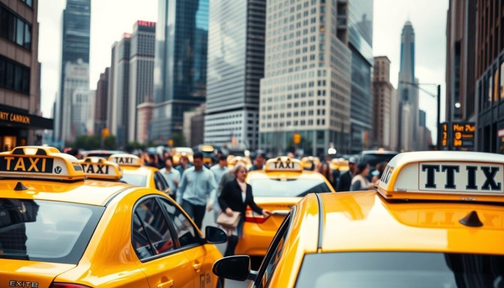 A bustling city street, with yellow taxi cabs prominently featured in the foreground. The cabs are well-maintained, their paint gleaming under the warm glow of streetlights. In the middle ground, pedestrians hurry along the sidewalk, their faces conveying a sense of urgency. The background is filled with towering skyscrapers, their windows reflecting the city's vibrant nightlife. The overall scene conveys the efficiency and convenience of taxi service, capturing the benefits of choosing this mode of transportation over other options in a dynamic urban environment.