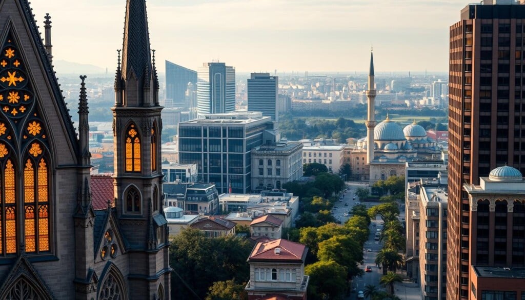 A bustling cityscape of LocalZ, where towering religious institutions stand as beacons of faith and community. In the foreground, a grand cathedral with intricate Gothic architecture, its stained-glass windows glowing warmly in the soft morning light. In the middle ground, a modern seminary building, its sleek lines and expansive windows reflecting the surrounding cityscape. In the background, a historic mosque with its slender minaret piercing the sky, surrounded by lush greenery and winding streets. The scene conveys a harmonious blend of traditional and contemporary religious structures, showcasing LocalZ's rich spiritual heritage and its commitment to nurturing the next generation of religious leaders.