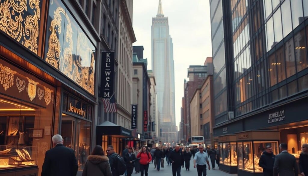 A bustling cityscape of elegant jewelry stores lining the streets of New York City. Gleaming storefronts adorned with intricate displays of precious gems and metals, casting a warm glow under the soft, diffused lighting of dusk. Pedestrians stroll by, captivated by the alluring window displays. In the background, the iconic skyscrapers of Manhattan rise up, framing the scene with a sense of timeless sophistication. The composition captures the essence of New York's renowned jewelry district, a mecca for discerning shoppers seeking the finest quality and craftsmanship.