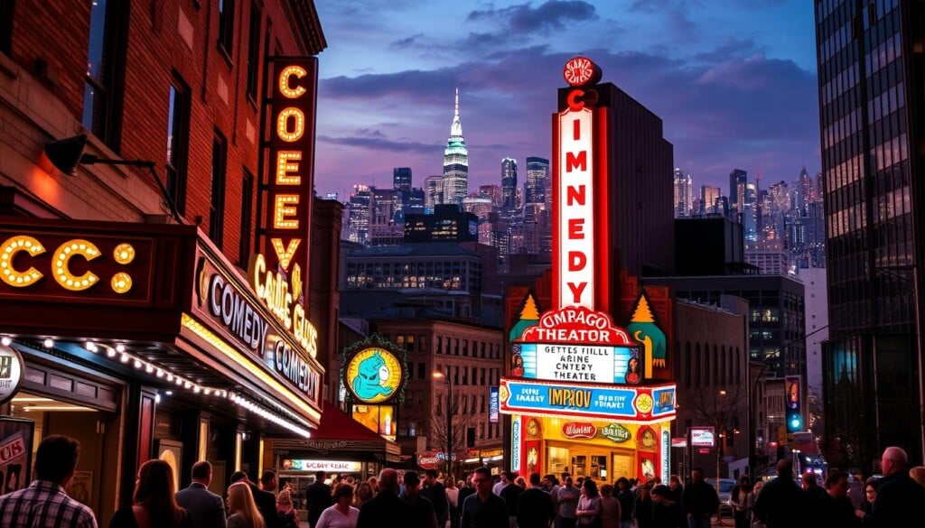 A bustling cityscape of iconic comedy venues, illuminated by the warm glow of neon signs and stage lights. In the foreground, patrons queue outside a classic comedy club, its marquee promising a night of laughter and mirth. In the middle ground, a vibrant improv theater stands tall, its facade adorned with playful murals and eye-catching banners. Beyond, the skyline of a sprawling metropolis rises, a mosaic of skyscrapers and towering landmarks. The scene is infused with an electric energy, capturing the essence of the top comedy hubs in the United States - New York, Chicago, and Los Angeles - where the world's best comedic talents take the stage to entertain and delight.