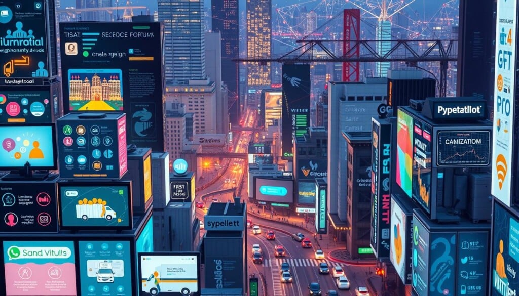 A bustling cityscape of interconnected digital screens and platforms, depicting the seamless integration of hyperlocal services. In the foreground, vibrant icons and interfaces representing various community-driven applications, such as neighborhood forums, local deliveries, and shared mobility options. The middle ground showcases personalized recommendations and location-based notifications, blending digital and physical experiences. In the background, a network of smart infrastructure, IoT sensors, and data visualizations, painting a dynamic portrait of the hyperlocal digital ecosystem. The scene is illuminated by a warm, ambient lighting, conveying a sense of convenience, connectivity, and community empowerment.