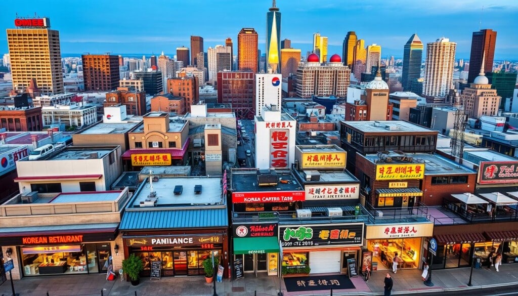 A bustling cityscape of major metropolitan areas in the United States, showcasing the vibrant and diverse Korean food scene. In the foreground, a collection of renowned Korean restaurants with their distinct architectural styles and neon signage, reflecting the rich culinary traditions. The middle ground features a mix of casual eateries, food trucks, and upscale establishments, each offering a unique take on traditional Korean dishes. In the background, skyscrapers and iconic landmarks create a dynamic urban landscape, setting the stage for this gastronomic journey. The image is captured with a wide-angle lens, highlighting the depth and scale of the scene, with warm, inviting lighting that captures the energy and excitement of the best Korean food destinations in the country.