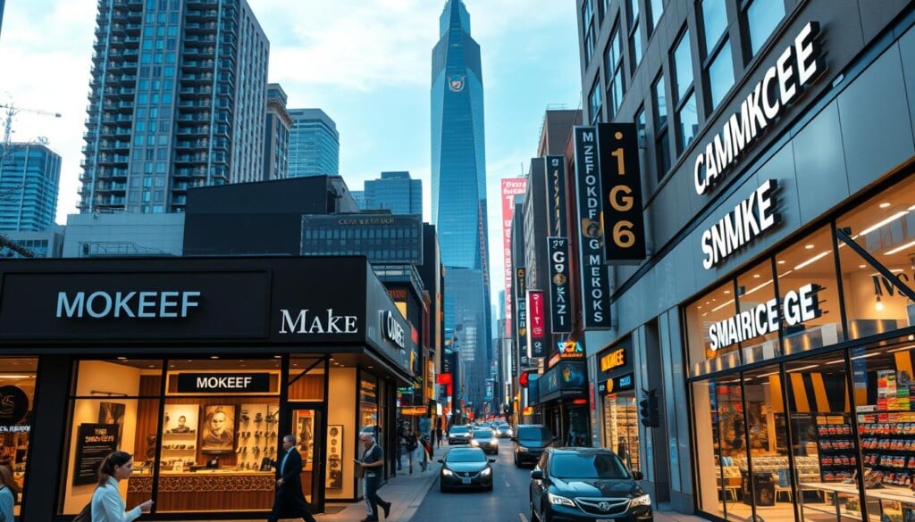 A bustling cityscape of modern smoke shop chains, showcasing their sleek, contemporary storefronts and inviting entryways. The foreground features a row of well-designed retail spaces, with clean lines, minimalist signage, and tasteful branding. The middle ground captures the energy of the urban environment, with pedestrians casually strolling by and vehicles passing through the frame. In the background, a mix of high-rise buildings and vibrant street life creates a dynamic, metropolitan atmosphere. The lighting is warm and inviting, casting a soft glow over the scene and highlighting the attention to detail in the shop designs. The overall composition conveys a sense of professionalism, sophistication, and a thriving smoke shop industry.