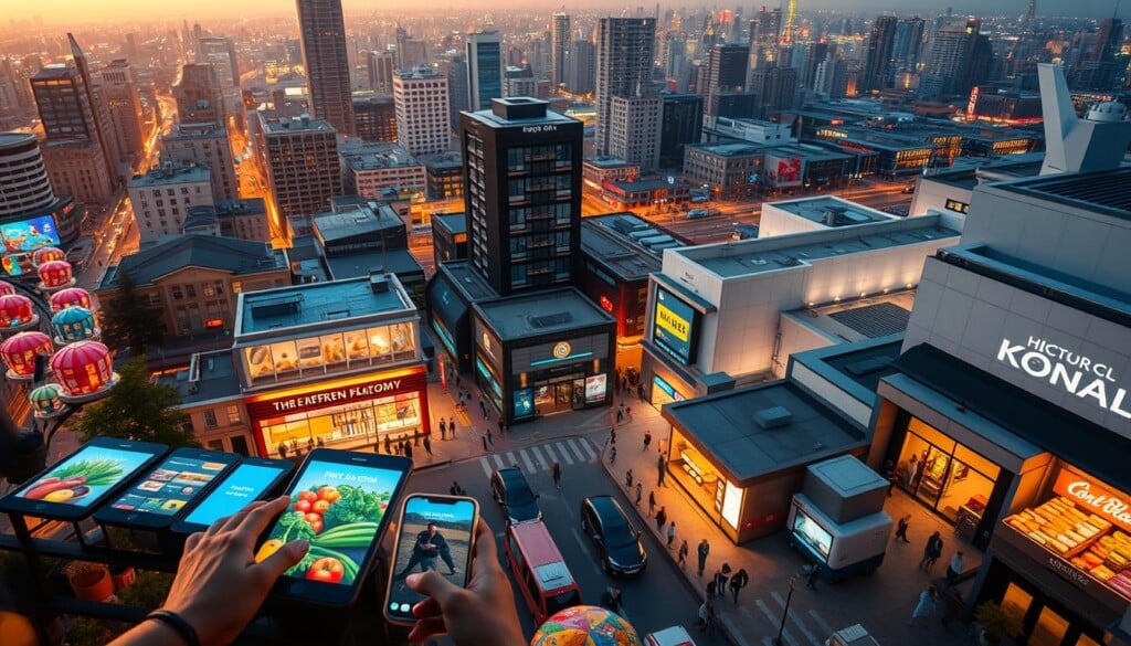 A bustling cityscape shrouded in a warm, vibrant glow, where sleek digital platforms seamlessly connect local communities. In the foreground, a cluster of colorful mobile devices and touchscreens showcase a myriad of hyperlocal offerings - fresh produce, artisanal goods, and personalized services. The middle ground features modern, minimalist storefronts and delivery hubs, their facades adorned with dynamic digital displays. In the background, a network of interconnected buildings, streets, and transportation hubs pulse with the rhythm of a thriving, tech-enabled local economy. Captured through a wide-angle lens, the scene conveys a sense of integrated, hyperlocal digital innovation empowering the lives of the community.
