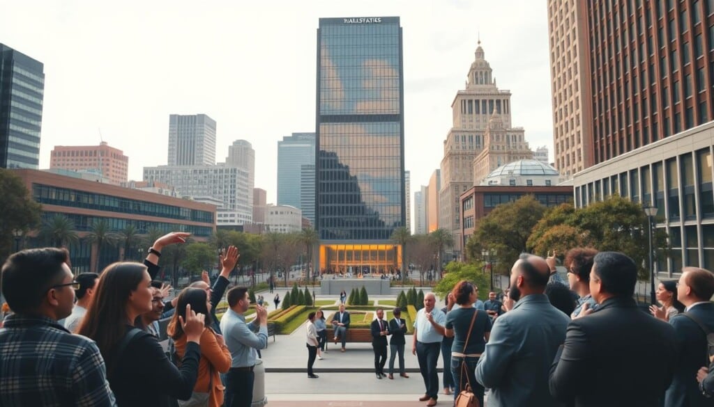 A bustling cityscape with a prominent glass-and-steel high-rise building in the center, representing the headquarters of a prestigious civil rights law firm. In the foreground, a diverse group of people gesturing animatedly, conveying a sense of advocacy and activism. The lighting is crisp and professional, with warm tones casting a welcoming glow. The middle ground features a well-manicured plaza with benches and trees, where individuals are engaged in conversation, suggesting a vibrant community hub. In the background, a mix of modern and historic architecture, symbolizing the evolution of the civil rights movement. The overall atmosphere is one of empowerment, progress, and a commitment to social justice.