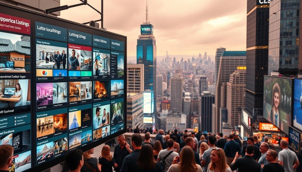 A bustling cityscape with a vibrant digital display showcasing a diverse array of hyperlocal listings. In the foreground, a sleek, modern interface highlights various businesses, accommodations, and amenities with crisp, high-resolution images and intuitive navigation. The middle ground features a crowd of people interacting with the display, gesturing and exploring the options. In the background, a panoramic view of the urban landscape, with towering skyscrapers and a vibrant, neon-lit skyline, creating a sense of a thriving, connected metropolitan area. The lighting is warm and inviting, with a soft, atmospheric glow, and the camera angle is slightly elevated, giving a bird's-eye perspective of the scene, emphasizing the comprehensive and integrated nature of the hyperlocal listings platform.
