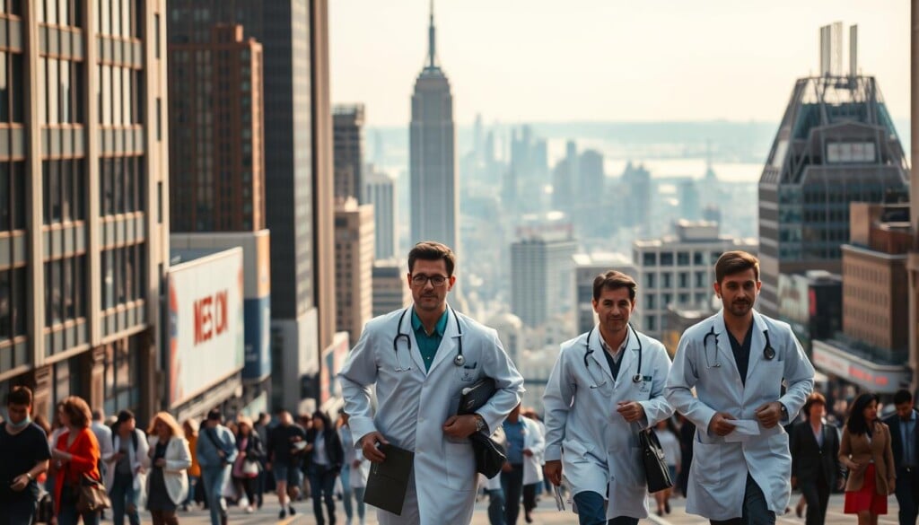 A bustling cityscape with high-rise buildings, towering skyscrapers, and the vibrant pulse of urban life. In the foreground, a group of professional pulmonologists in white coats and scrubs hurry through the streets, their faces focused and determined as they make their way to attend to patients in nearby clinics and hospitals. The middle ground features a diverse array of people - from patients seeking medical care to pedestrians navigating the sidewalks. Warm, diffused lighting casts a subtle glow over the scene, creating a sense of purpose and urgency. The background is a panoramic view of the city, with iconic landmarks and the hazy outline of the horizon, conveying the scale and scope of the local pulmonology options available across major metropolitan areas.