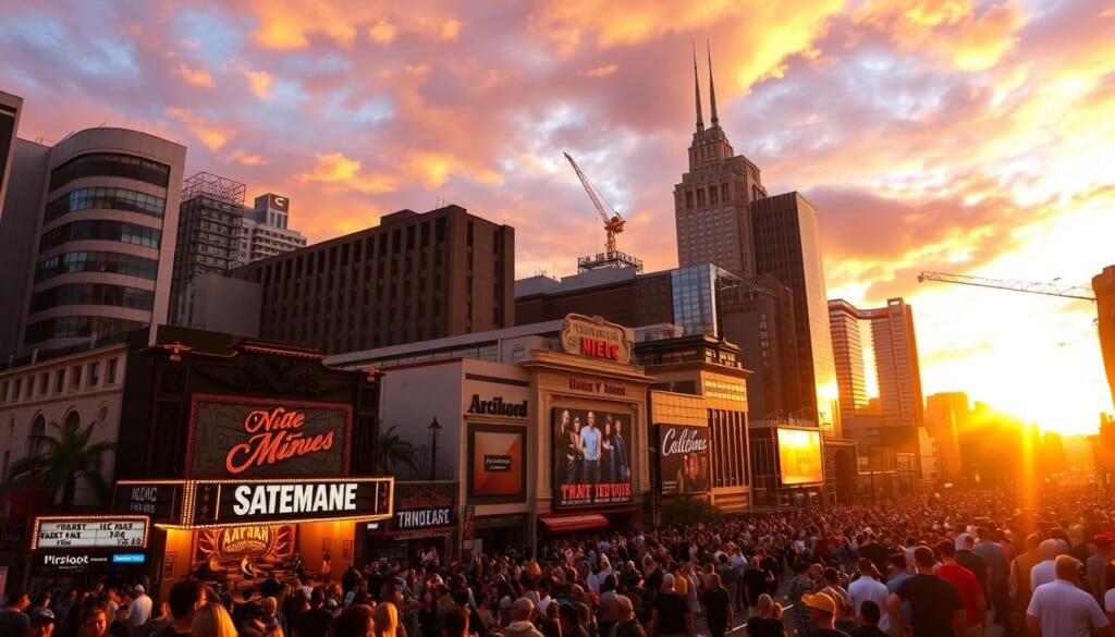 A bustling cityscape with iconic music venues towering in the background, bathed in a warm, golden glow as the sun sets. In the foreground, a lively crowd of concert-goers gathers outside the legendary venues, their energy palpable. The sleek, modern architecture of the venues juxtaposes with the vintage marquees and neon signs that adorn their facades, creating a captivating blend of old and new. Overhead, a dramatic sky painted with vibrant hues of orange and purple sets the scene for an unforgettable live music experience.