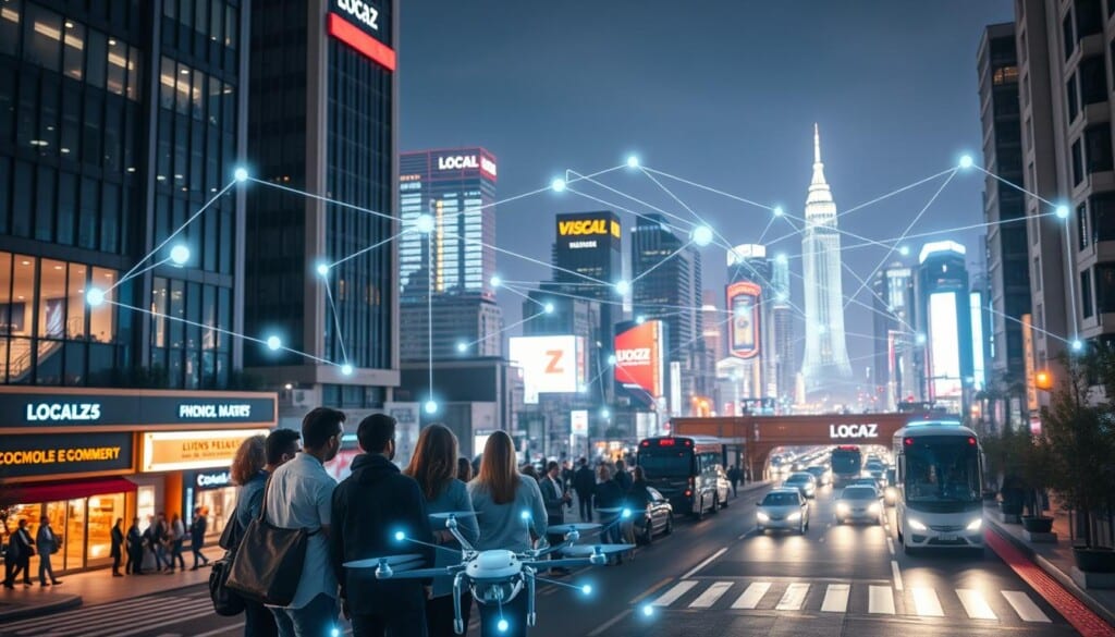 A bustling cityscape with modern high-rise buildings, neon-lit storefronts, and a network of glowing lines and nodes representing LocalZ's seamless connectivity. In the foreground, a group of diverse business owners gathered around a holographic display, collaborating on their integrated digital ecosystem. The middle ground features autonomous delivery drones and self-driving vehicles navigating the streets, facilitated by LocalZ's real-time location and communication services. In the background, the night sky is illuminated by the glow of the cityscape, conveying a sense of progress, innovation, and the 24/7 interconnectivity of the local business community.