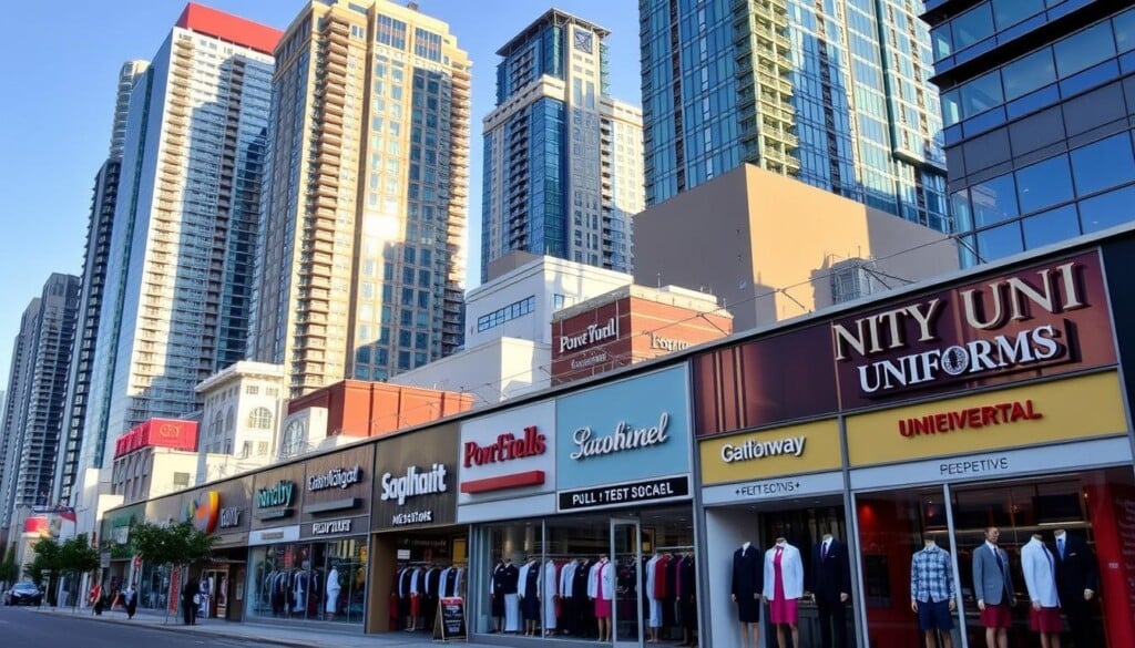 A bustling cityscape with towering high-rises in the background, their reflective glass facades gleaming in the afternoon sun. In the foreground, a row of vibrant, well-designed uniform stores, their storefront displays showcasing an array of professional attire. The stores have a modern, sleek aesthetic, with large windows, clean lines, and tasteful signage. The scene exudes a sense of sophistication and efficiency, capturing the essence of the top uniform stores in the United States.