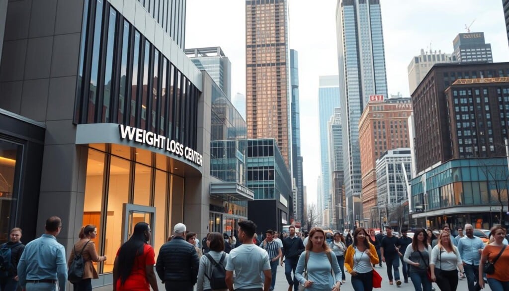 A bustling cityscape with towering skyscrapers and a diverse array of people strolling the sidewalks. In the foreground, a group of individuals pause in front of a sleek, modern building with a prominent sign reading "Weight Loss Center." The building is bathed in warm, natural light, creating an inviting atmosphere. In the middle ground, passersby glance curiously at the center, contemplating their own fitness journeys. The background is a blend of urban landscapes, suggesting the expansive network of wellness resources available in the city. The overall scene conveys a sense of hope, determination, and the pursuit of a healthier lifestyle.