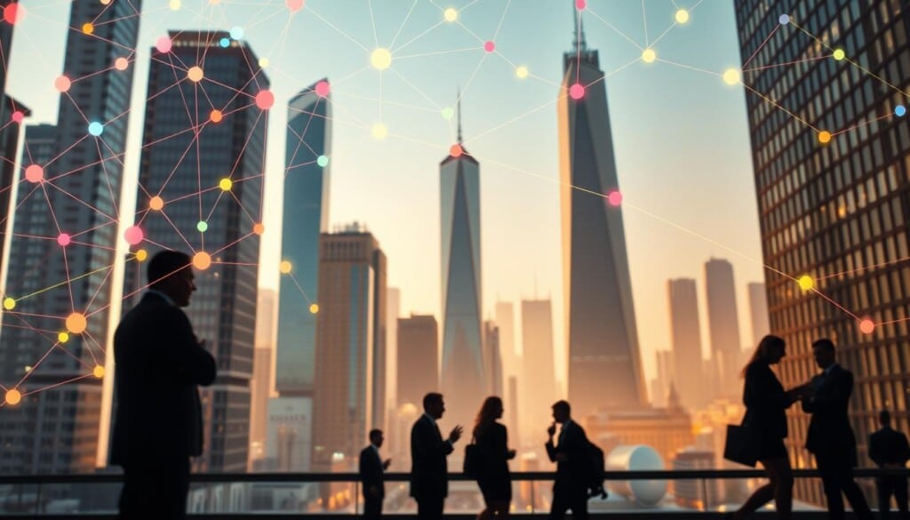 A bustling cityscape with towering skyscrapers and modern architecture, seen through the lens of a wide-angle camera. In the foreground, a vibrant web of colorful lines and shapes representing the interconnected nature of business connections, with nodes pulsing and expanding to showcase the dynamic flow of information and collaboration. The middle ground features silhouettes of business professionals engaged in lively discussions, their movements captured in a soft, ethereal lighting that evokes a sense of energy and potential. The background fades into a hazy, atmospheric city skyline, bathed in warm, golden tones that convey a sense of growth, innovation, and the boundless possibilities of a thriving business ecosystem.