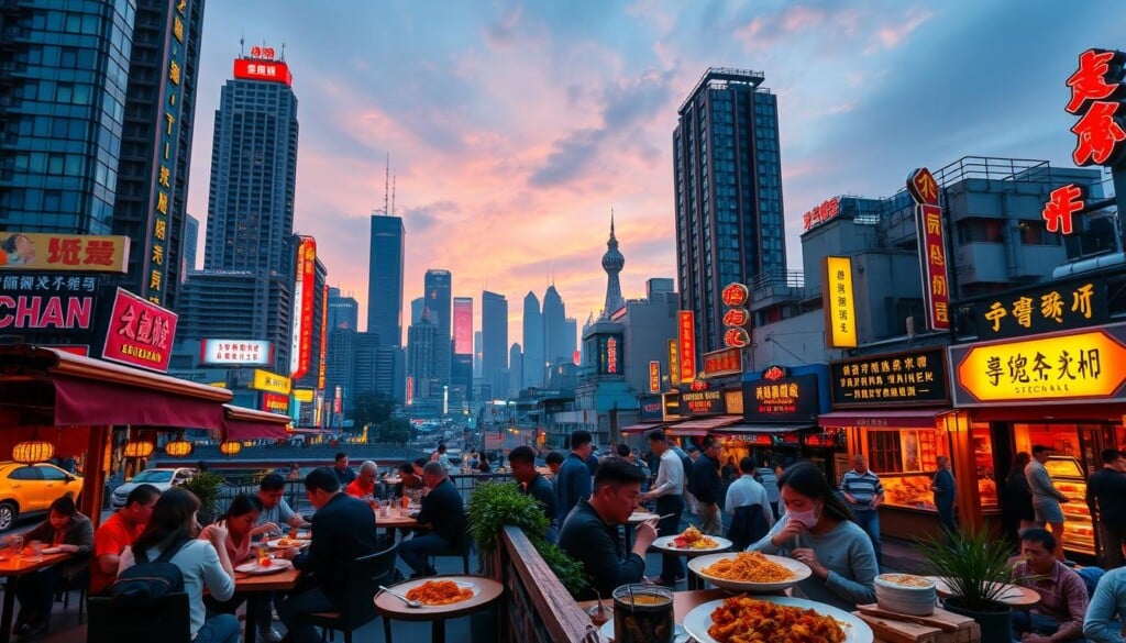 A bustling cityscape with towering skyscrapers and neon signs, illuminated by the warm glow of sunset. In the foreground, a vibrant outdoor dining area featuring traditional Szechuan dishes - fiery red mapo tofu, fragrant dan dan noodles, and tender braised pork belly. Diners savor their meals against a backdrop of lively chatter and the clinking of chopsticks. The middle ground showcases a diverse array of Szechuan restaurants, each with its own unique architectural style and signage. In the distance, the skyline is punctuated by iconic landmarks, hinting at the city's rich cultural heritage. The overall scene exudes an atmosphere of authenticity, where the aromas and flavors of Szechuan cuisine are celebrated in the heart of a thriving metropolis.