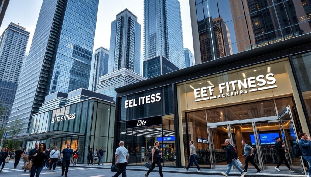 A bustling cityscape with towering skyscrapers in the background, the foreground showcasing the entrances and exteriors of several elite fitness centers. Sleek, modern architecture with floor-to-ceiling windows, gleaming chrome and glass facades. Pedestrians strolling past, some holding gym bags, others pausing to admire the state-of-the-art equipment visible through the entrance. The lighting is crisp and bright, lending an energetic, aspirational atmosphere. The composition captures the dynamism and vibrancy of these top-tier gyms, inviting the viewer to imagine the intensity of the workouts and the camaraderie of the fitness communities within.