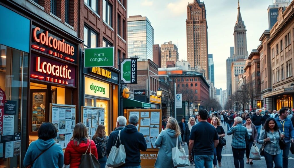 A bustling cityscape with vibrant storefronts and local businesses, their signs and window displays illuminated by warm, golden lighting. In the foreground, a group of people of diverse ages and backgrounds gathered around a community bulletin board, discussing and pinning up flyers for local organizations, events, and volunteer opportunities. The mid-ground features pedestrians strolling along the sidewalks, some carrying reusable tote bags from nearby shops. In the background, the silhouettes of skyscrapers and historic buildings create a sense of a thriving, close-knit urban community. The overall atmosphere conveys a feeling of community, collaboration, and a shared commitment to supporting local initiatives.