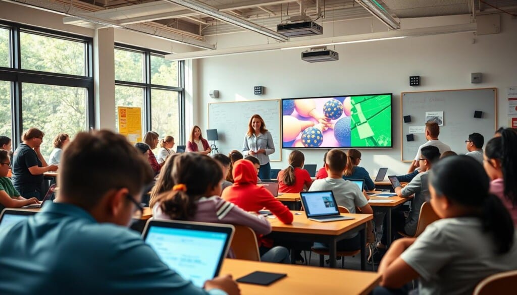 A bustling classroom scene, illuminated by natural light filtering through large windows. In the foreground, students intently engaged with digital devices, immersed in collaborative learning powered by hyperlocal platforms. In the middle ground, a teacher facilitating discussions, guiding students as they navigate the digital landscape. The background showcases vibrant displays and interactive whiteboards, showcasing the integration of technology into the educational experience. The overall atmosphere is one of dynamic engagement, where technology and human interaction seamlessly blend to foster a stimulating and enriching learning environment.