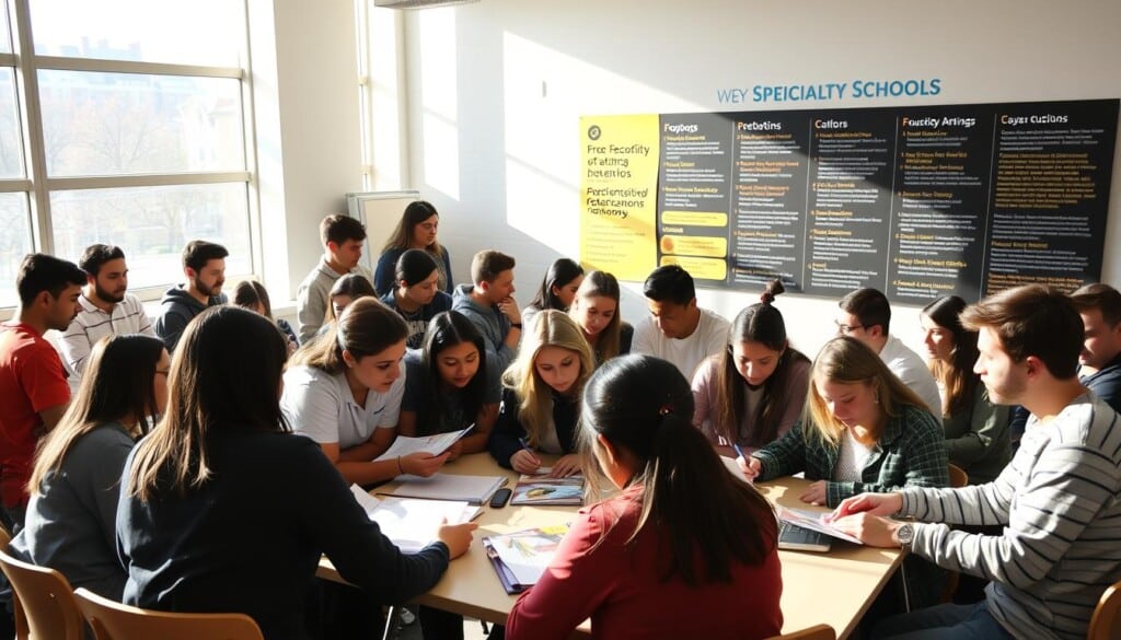 A bustling classroom with students gathered around a table, intently discussing the merits of various specialty schools. Sunlight filters in through large windows, casting a warm glow on the scene. In the foreground, a group of students pore over brochures and laptops, weighing the pros and cons of different programs. The middle ground showcases a diverse array of students, each with a unique perspective, engaged in lively conversations. In the background, a wall-mounted display highlights the unique offerings and reputations of specialty schools, guiding the students' decision-making process. The atmosphere is one of contemplation and excitement, as the students navigate the important choice of their educational future.