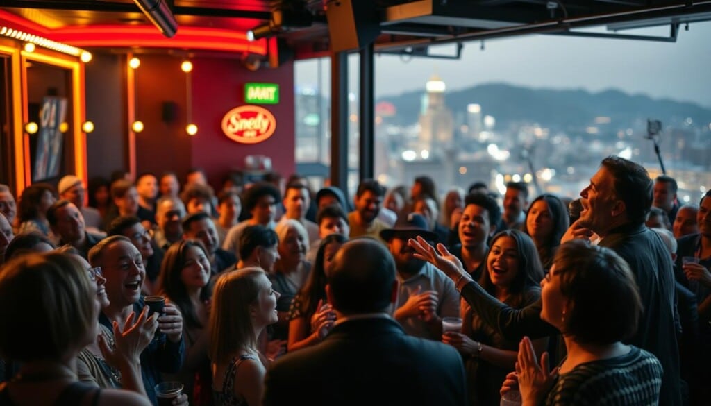 A bustling comedy club set against a vibrant cityscape, with the stage bathed in warm, theatrical lighting. In the foreground, a diverse audience erupts in laughter as a charismatic comedian commands the spotlight, hands gesticulating animatedly. The middle ground showcases the club's intimate atmosphere, with patrons chatting and sipping drinks, their faces alight with mirth. The background blurs into a hazy urban landscape, hinting at the energy and excitement of the locale. The overall scene conveys the uplifting, cathartic experience of attending a live stand-up comedy performance, where laughter and shared moments of joy bring people together.