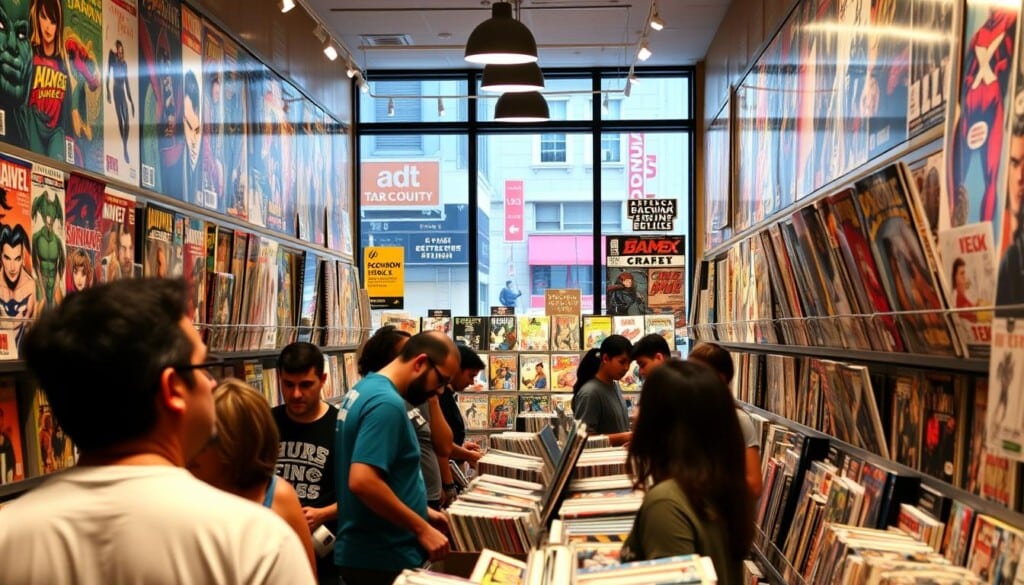 A bustling comic book store, its walls adorned with vibrant comic book covers and shelves brimming with an array of graphic novels. In the foreground, customers browse the selection, their faces alight with excitement. The store's interior is bathed in warm, inviting lighting, creating an atmosphere of discovery and adventure. The middle ground showcases the store's diverse offerings, from vintage collectibles to the latest releases, all neatly organized and displayed. In the background, a large window offers a glimpse of the bustling city street outside, hinting at the store's place within the larger urban landscape. The image conveys a sense of community, passion, and the timeless allure of the comic book medium.
