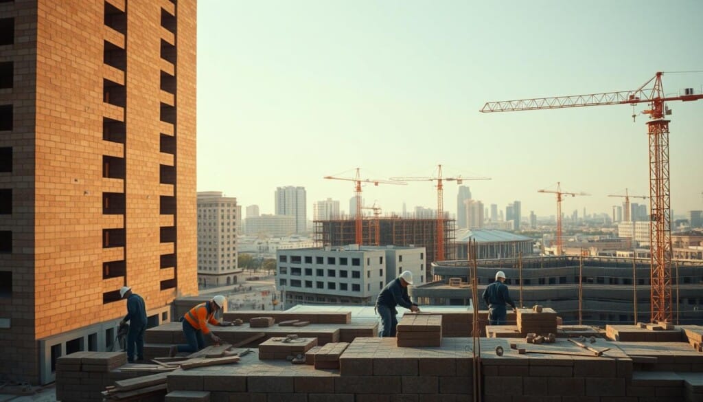 A bustling commercial construction site, with skilled masons meticulously laying bricks and stone. The foreground features a towering multi-story building, its façade a harmonious blend of traditional and modern masonry techniques. In the middle ground, workers use specialized tools to shape and fit the masonry elements, their movements precise and efficient. The background showcases a cityscape, with other commercial properties and infrastructure projects underway, all united by the skilled craftsmanship of the masonry teams. The scene is illuminated by warm, natural lighting, casting subtle shadows that accentuate the textures and patterns of the masonry work. The overall atmosphere conveys a sense of progress, professionalism, and the enduring impact of quality commercial masonry services.