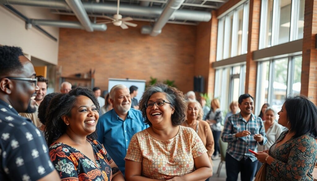A bustling community center comes alive with vibrant energy and engagement. In the foreground, a diverse group of local residents participate in a lively discussion, their faces animated with enthusiasm. The middle ground showcases a well-equipped event space, with modern furnishings and state-of-the-art presentation equipment. In the background, large windows provide ample natural light, illuminating the space and creating a warm, inviting atmosphere. The overall scene conveys a sense of collaboration, empowerment, and a strong commitment to local community initiatives.