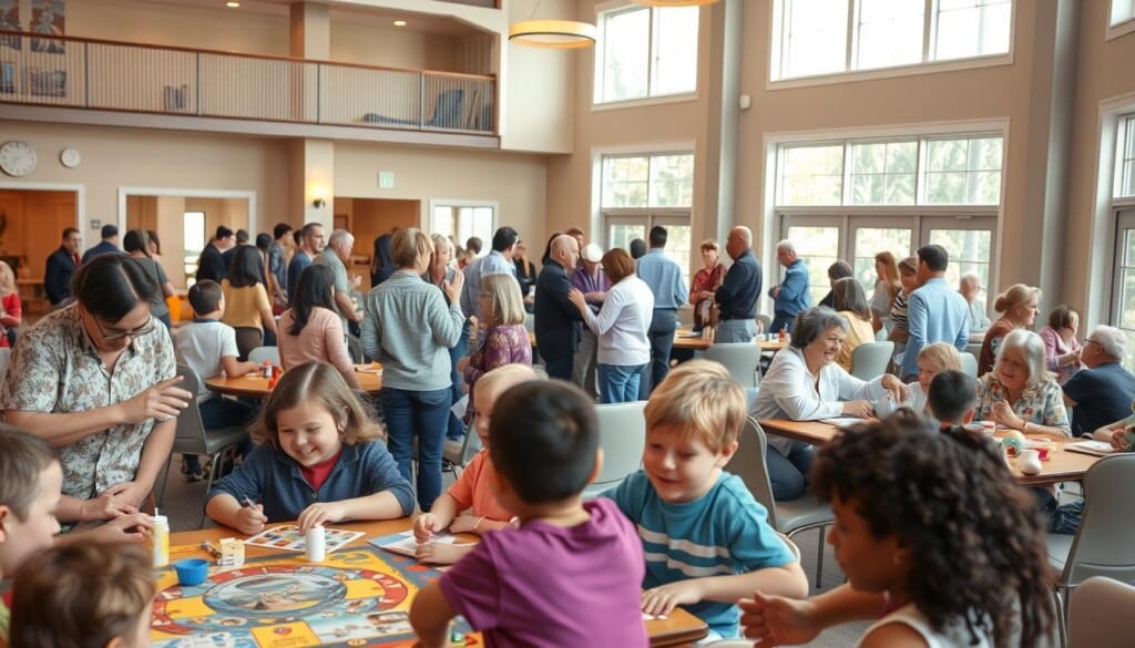 A bustling community center filled with residents of all ages engaging in a variety of activities. In the foreground, a group of children playing board games and arts and crafts, their faces alight with joy. In the middle ground, adults gathered in small discussion groups, gesturing animatedly as they exchange ideas. The background features a spacious, well-lit common area with high ceilings and large windows, allowing natural light to pour in and create a warm, inviting atmosphere. The overall scene conveys a sense of connection, collaboration, and a vibrant, inclusive community.