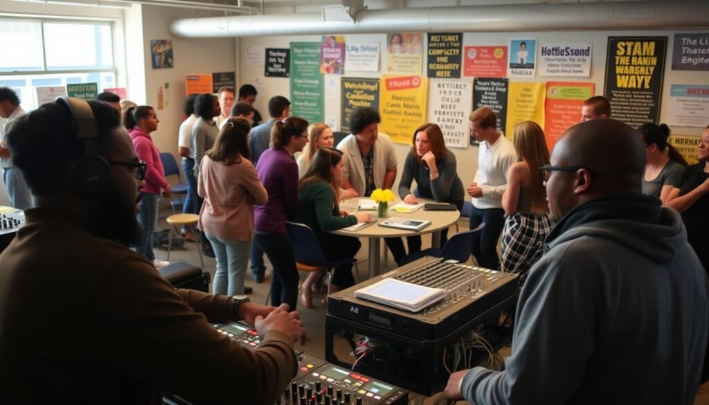 A bustling community center, filled with the energy of local DJs and representatives from various organizations. In the foreground, two DJs sit together, headphones on, deep in animated conversation, their faces lit by the warm glow of a mixing console. In the middle ground, a group of nonprofit leaders gather around a table, discussing potential collaborations, their expressions engaged and hopeful. The background is a kaleidoscope of activity - volunteers setting up for an event, community members mingling, and posters advertising the diverse programs on offer. The scene is bathed in a soft, diffused light, creating a sense of togetherness and purpose. This is a space where local DJs and community organizations connect, share ideas, and build lasting partnerships.