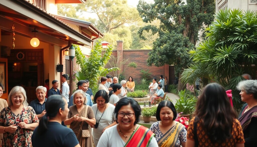 A bustling community center, its exterior bathed in warm, natural lighting. In the foreground, groups of people engage in lively discussions, their faces radiating joy and connection. The middle ground showcases an array of diverse activities, from meditation classes to cultural workshops, all designed to enrich local involvement. In the background, a serene garden oasis provides a tranquil respite, inviting visitors to find inner peace amidst the vibrant community life. The scene conveys a sense of harmony, where individuals from all walks of life come together to explore their spiritual journeys and strengthen the bonds within the neighborhood.