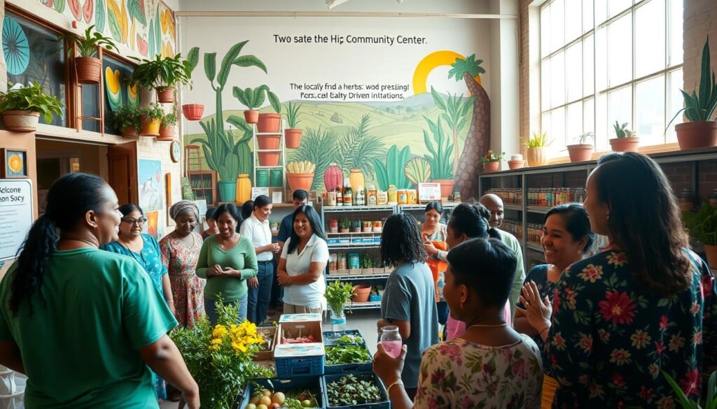 A bustling community center, its facade adorned with colorful murals and potted plants, welcomes visitors. In the foreground, a diverse group of people gather, their faces alight with smiles as they participate in various activities - cooking classes, gardening workshops, or lively discussions. The middle ground features a well-stocked food pantry, its shelves brimming with locally sourced herbs and spices, ready to be distributed to those in need. In the background, a mural depicting the vibrant local culture and the company's commitment to sustainable, community-driven initiatives sets the tone. Natural lighting filters through large windows, casting a warm, inviting glow over the scene. The overall atmosphere exudes a sense of inclusivity, empowerment, and the shared joy of giving back to the community.