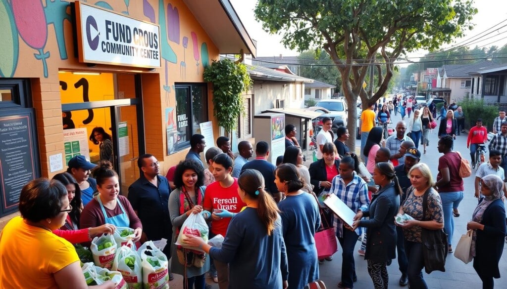A bustling community center, its facade adorned with vibrant murals and signage. In the foreground, a group of volunteers hand out packages of fresh produce and non-perishable goods to a diverse crowd of local residents. Warm, natural lighting casts a welcoming glow as people of all ages and backgrounds gather, chatting and exchanging smiles. In the middle ground, informational displays and interactive kiosks engage the community, educating them about available food assistance programs. The background reveals a lively neighborhood, with people walking, cycling, and socializing, all connected by a shared sense of unity and support. An atmosphere of collaboration, empowerment, and community engagement permeates the scene.