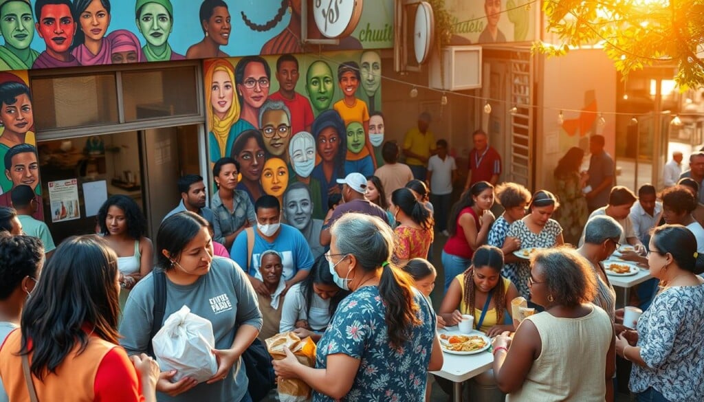 A bustling community center, its facade adorned with vibrant murals depicting diverse faces and cultures. In the foreground, a group of volunteers engage with local residents, handing out care packages and offering assistance. The middle ground reveals a lively scene of people of all ages mingling, sharing meals, and participating in discussion circles. Warm, natural lighting casts a welcoming glow, while the background showcases the unity and togetherness of this close-knit community. An atmosphere of inclusivity and empowerment permeates the space, reflecting the religious station's commitment to fostering meaningful connections and outreach.