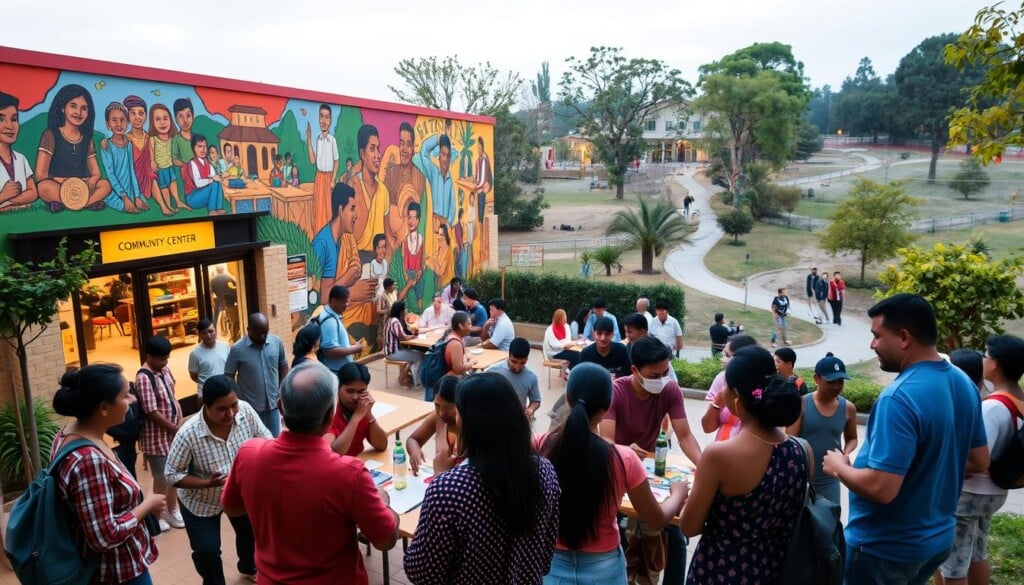 A bustling community center, its facade adorned with vibrant murals depicting local life. In the foreground, a group of diverse individuals engaged in lively discussions, gesturing animatedly as they collaborate on a project. The middle ground showcases a well-lit open space, filled with tables and chairs, where people of all ages and backgrounds gather to share ideas and connect. The background features a serene park setting, with lush greenery and a winding path that invites visitors to explore the neighborhood. Warm lighting casts a welcoming glow, capturing the essence of community engagement through LocalZ.