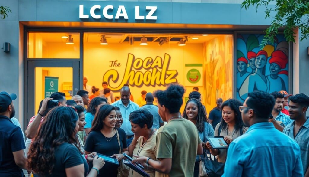 A bustling community center, its facade bathed in warm, golden light. In the foreground, a group of diverse individuals engaged in lively discussions, their faces animated with excitement. The middle ground reveals a modern, well-equipped event space, where people collaborate on digital tablets and exchange ideas. In the background, a vibrant mural adorns the walls, celebrating the spirit of togetherness and innovation that defines this thriving LocalZ community. The scene conveys a sense of energy, creativity, and a shared commitment to empowering local connections and transforming the way people discover and access services.