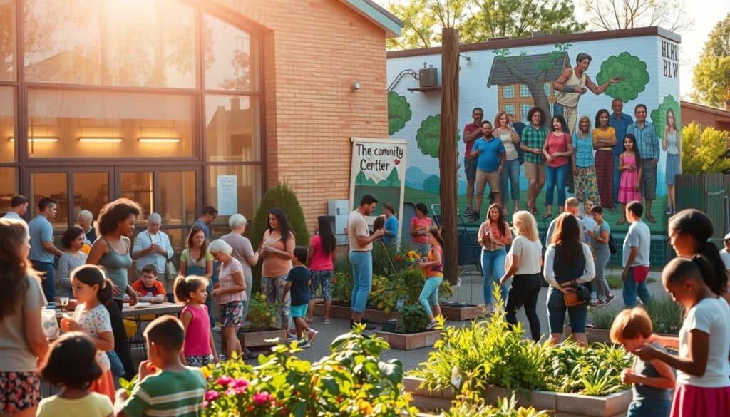 A bustling community center, its facade bathed in warm, natural light filtering through large windows. In the foreground, a diverse group of people engage in various activities - a lively after-school program, a senior citizens' knitting circle, and a vibrant art class. The middle ground showcases a community garden, with locals tending to their plots and children playing nearby. In the background, a mural adorns the side of the building, depicting scenes of unity, progress, and shared prosperity. An atmosphere of inclusivity, learning, and togetherness permeates the scene, capturing the essence of the community's impact on the lives of its members.