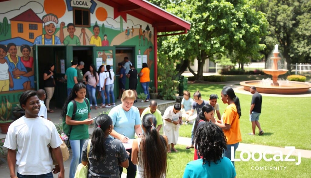 A bustling community center, its vibrant exterior adorned with murals depicting local life. In the foreground, a group of volunteers cheerfully engage with residents, offering assistance and resources. The middle ground showcases an interactive workshop, where individuals collaborate on a shared project, fostering a sense of unity. In the background, a serene park setting provides a peaceful backdrop, with lush greenery and a sunlit fountain. The overall scene conveys a warm, inviting atmosphere, where the LocalZ community comes together to support and empower one another.