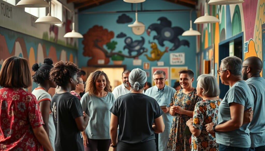 A bustling community center, its vibrant walls adorned with inspirational murals, serves as the backdrop. In the foreground, a group of diverse individuals – therapists, social workers, and volunteers – engage in animated discussions, coordinating rehabilitation efforts that extend beyond the confines of the rehabilitation facility. The lighting is warm and inviting, casting a soft glow on the scene, conveying a sense of collaboration and camaraderie. In the middle ground, a seamless integration of various local services can be seen, from support groups to job training programs, all working in harmony to provide holistic recovery solutions. The overall atmosphere exudes a spirit of hope, empowerment, and community resilience.