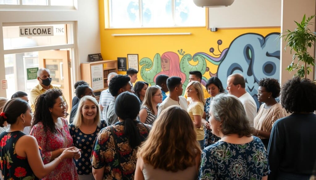 A bustling community center, its welcoming facade bathed in warm, natural lighting. In the foreground, a diverse group of individuals engaged in lively conversation, their expressions reflecting the sense of connection and belonging. The middle ground showcases a variety of activities, from a creative arts workshop to a discussion circle, all fostering an atmosphere of inclusivity and mutual understanding. In the background, a mural adorns the wall, its vibrant colors and intricate design symbolizing the rich tapestry of the local community. The overall scene conveys a tangible feeling of collaboration, empowerment, and a shared commitment to mental health and well-being.