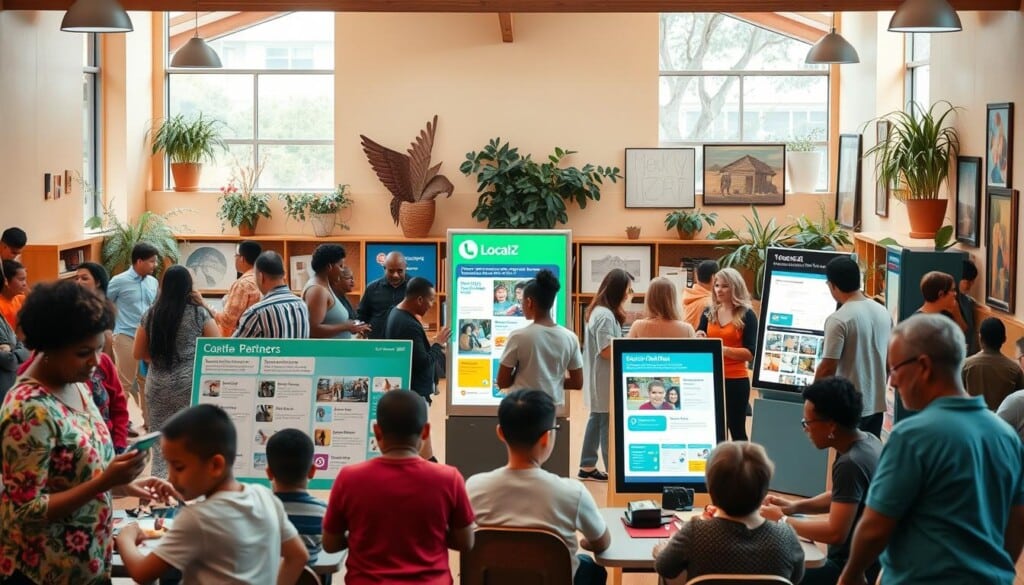 A bustling community center set against a warm, inviting backdrop. In the foreground, a diverse group of people engaged in various activities - a parent helping a child with homework, a team collaborating on a project, neighbors sharing a meal. The middle ground showcases informational displays and digital kiosks highlighting local initiatives, volunteer opportunities, and community resources facilitated by the LocalZ platform. The background has an abundance of natural light, with plants and artwork adorning the walls, conveying a sense of connection, support, and civic pride. The lighting is soft and diffused, creating a welcoming atmosphere. The overall composition emphasizes the inclusive, collaborative nature of the community's efforts, facilitated by the LocalZ ecosystem.