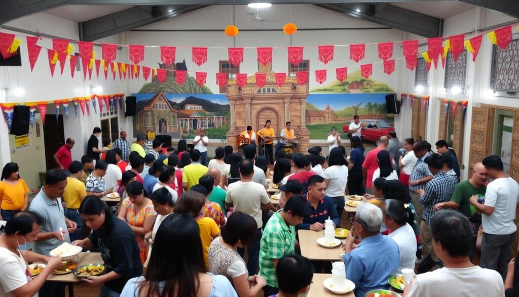 A bustling community center, the air filled with the aromatic scents of traditional Filipino dishes. In the foreground, a lively gathering of families and friends, sharing plates of lumpia, adobo, and halo-halo. Vibrant banners and decorations adorn the space, creating a warm, celebratory atmosphere. The middle ground features a stage where a live band performs captivating folk music, their upbeat rhythms inspiring spirited dancing. In the background, the scene is framed by colorful murals depicting the rich cultural heritage of the Filipino people. Soft, diffused lighting casts a gentle glow, emphasizing the sense of togetherness and cultural pride.