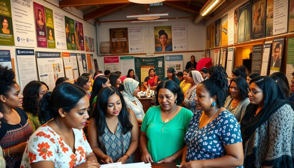 A bustling community center with a vibrant atmosphere, hosting a diverse gathering of empowered women engaged in various initiatives. In the foreground, a group of women collaborating on a project, their expressions exuding determination and camaraderie. In the middle ground, a panel discussion takes place, with women of different backgrounds sharing their stories and insights. The background is filled with informative posters, signage, and resource materials, showcasing the breadth of services and programs available to support women's empowerment. Warm lighting creates a welcoming ambiance, and the camera captures the scene with a slightly elevated angle, highlighting the collaborative and inclusive nature of the initiatives on display.