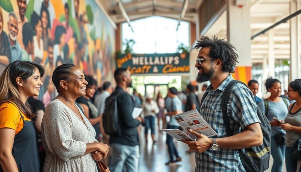 A bustling community center, with a vibrant mural depicting diverse people engaged in meaningful connections. In the foreground, a group of friends chatting animatedly, their expressions warm and welcoming. In the middle ground, a local business owner sharing flyers with interested passersby, showcasing their commitment to the community. The background features an open, airy space filled with natural light, inviting people to explore and participate. The overall atmosphere conveys a sense of collaboration, inclusivity, and a shared sense of purpose, reflecting the "LocalZ: Revolutionizing Business Engagement" theme.