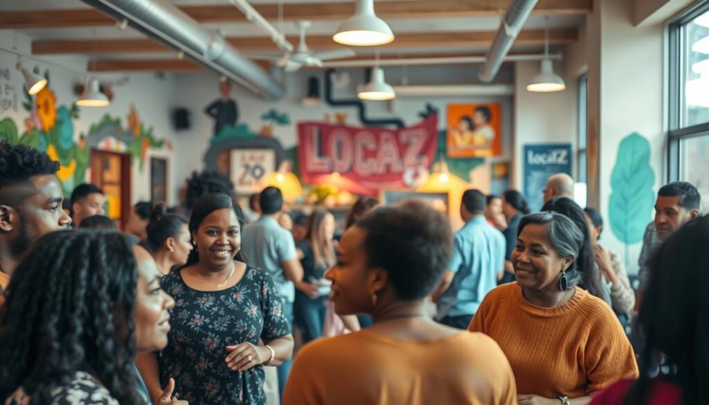 A bustling community center with a warm, welcoming atmosphere. In the foreground, a group of diverse individuals engaged in lively discussions, their expressions conveying a sense of connection and support. In the middle ground, a team of volunteers coordinating various outreach initiatives, their faces lit by the soft glow of task lighting. The background features vibrant murals and artwork, reflecting the vibrant culture and spirit of the LocalZ community. The overall scene is captured through a wide-angle lens, emphasizing the expansive and inclusive nature of the LocalZ support initiative. The lighting is soft and natural, creating a cozy and inviting ambiance that resonates with the values of the organization.